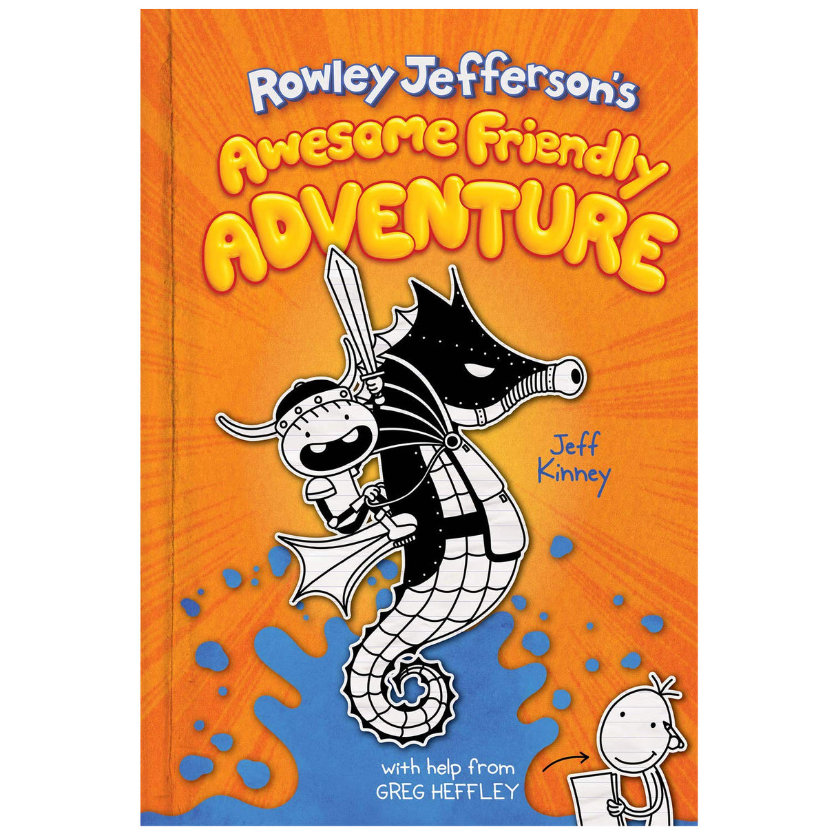 Rowley Jefferson's Awesome Friendly Adventure book cover with cartoon hero riding a seahorse on orange background