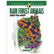 Creative Haven Rainforest Dot to Dot showing a completed colorful poison dart frog puzzle on a green leaf background.