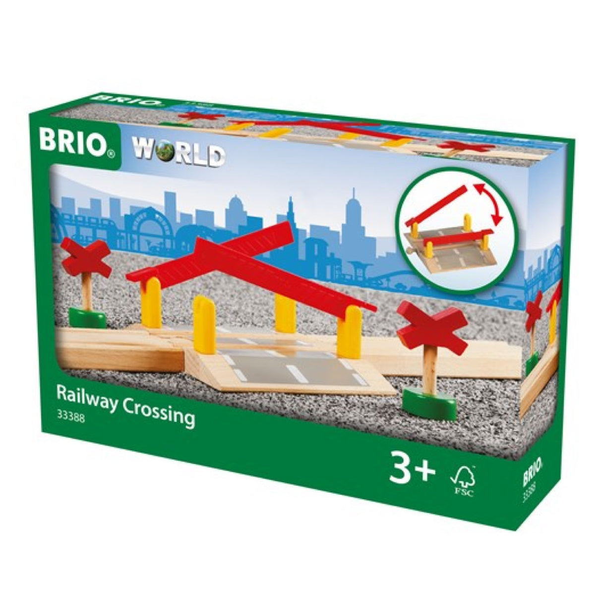 BRIO World Railway Crossing toy with red barrier gates fitting BRIO train tracks for ages 3 and up.