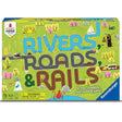 Rivers Roads and Rails game box showing illustrated card paths with rivers, roads, and rails for ages 5 and up.