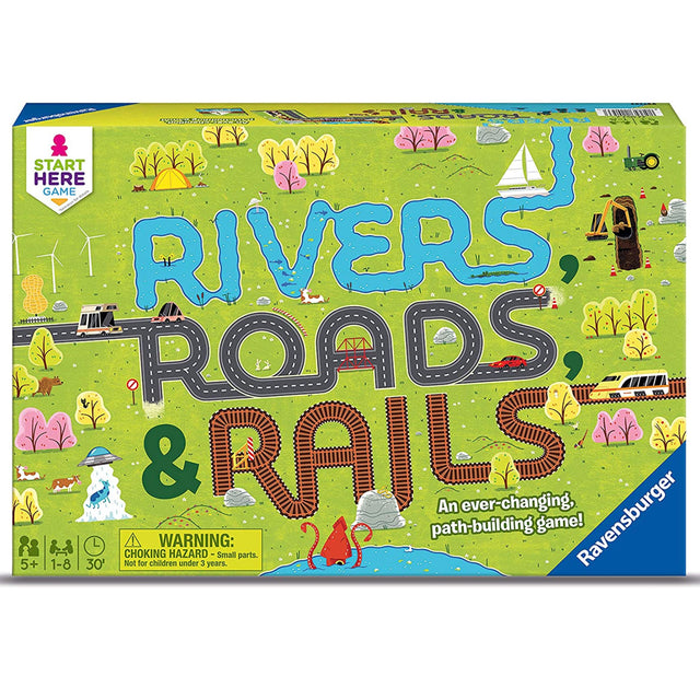 Rivers Roads and Rails game box showing illustrated card paths with rivers, roads, and rails for ages 5 and up.