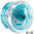 Close-up of the blue transparent Yoyo | Raider featuring steel ball bearings and precise axle for advanced play.