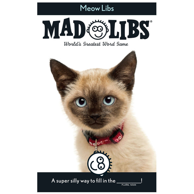 Mad Libs Meow Libs featuring a cute Siamese kitten on the cover of the playful cat-themed word game book.