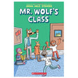 Cover of Mr Wolf's Class showing a friendly wolf teacher with diverse animal students in a colorful classroom setting.