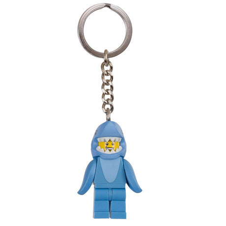 Lego KeyLight Shark Suit Guy keychain featuring a minifigure in a blue shark costume with a metal ring and chain.