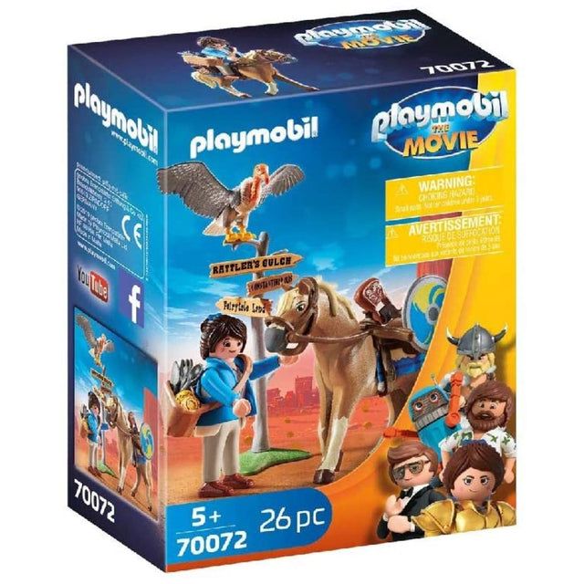Playmobil:The Movie Marla with Horse playset featuring Marla figure in blue cardigan, horse, and accessories for kids 5+.