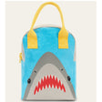 Zipper Lunch Bag | Shark with blue shark design, yellow handles, roomy interior, and food-safe lining for kids.