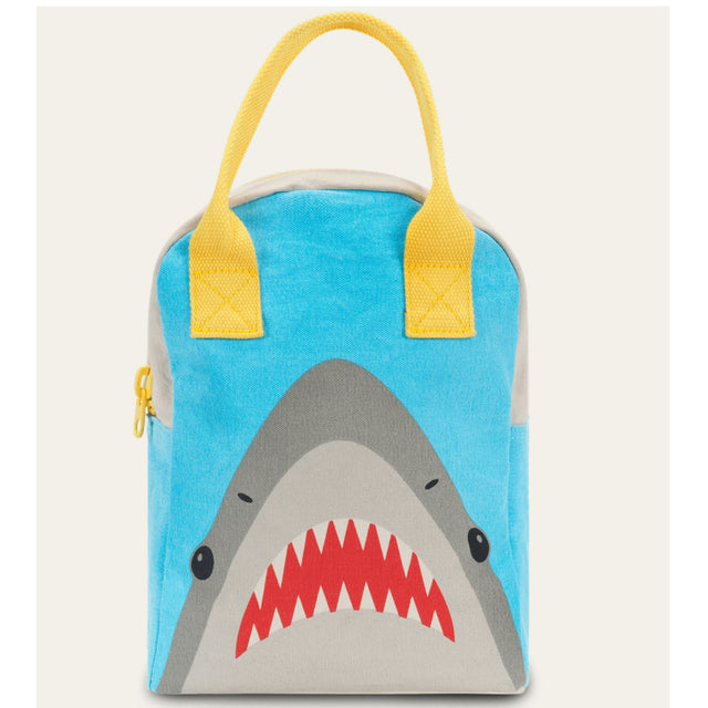 Zipper Lunch Bag | Shark with blue shark design, yellow handles, roomy interior, and food-safe lining for kids.