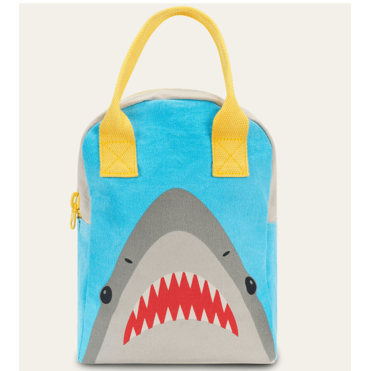 Zipper Lunch Bag | Shark with blue shark design, yellow handles, roomy interior, and food-safe lining for kids.