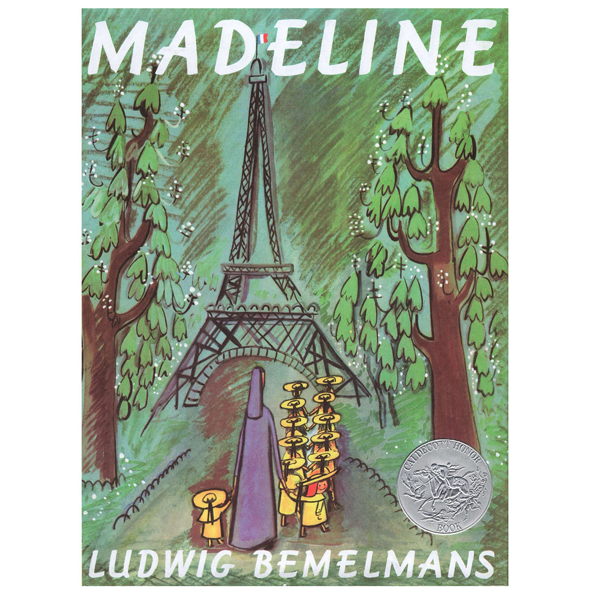 Cover of Madeline book showing children marching near Eiffel Tower with trees around by Ludwig Bemelmans.