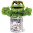 Oscar the Grouch plush toy in a silver trash can with "Go Away!" sign, soft and cuddly Sesame Street character.