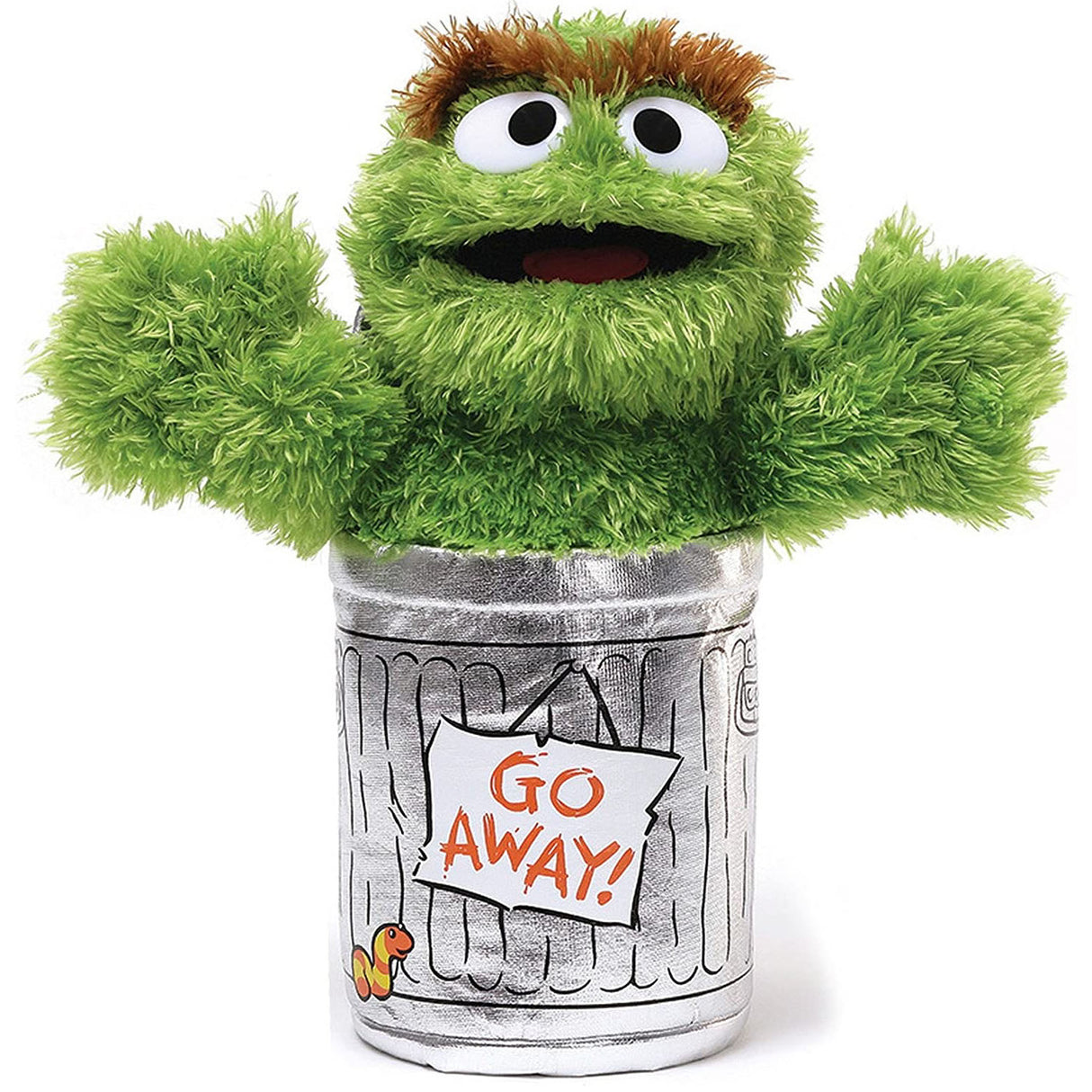 Oscar the Grouch plush toy in a silver trash can with "Go Away!" sign, soft and cuddly Sesame Street character.