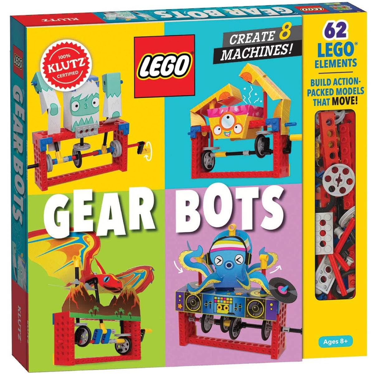 LEGO Gear Bots kit with colorful kinetic models including an octopus DJ, pterodactyl, and mechanical creatures.