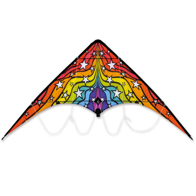 Zoomer 2.0 Sports Kite | Rainbow Stars with vibrant rainbow and star design, solid fiberglass frame, and included flying lines.