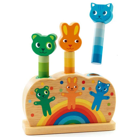 Pop Up Pi Pop Pidoo wooden toddler puzzle with colorful animal pieces and rainbow design for early learning and play.