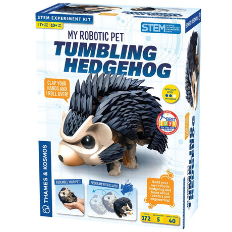 Tumbling Hedgehog Robotic Pet kit box showing assembled black and beige robotic hedgehog with sound sensor features.