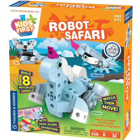 Robot Safari STEM kit with building blocks to create eight motorized robotic animals for kids ages 5 and up.