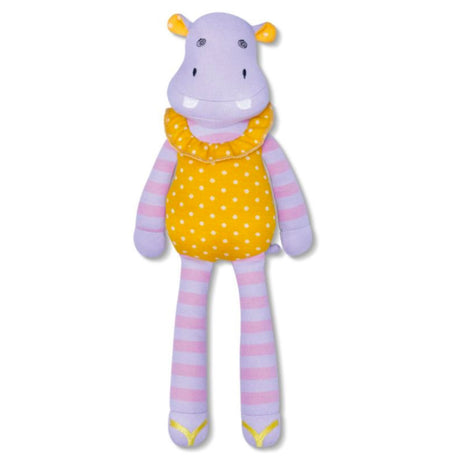 Soft plush Organic Hippo Coco toy with purple and yellow polka dot design made from 100% organic cotton and hypoallergenic filler.