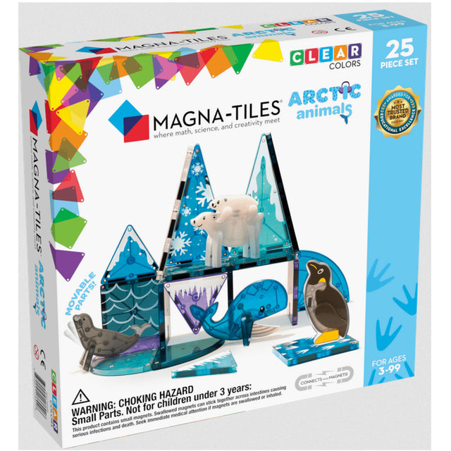 Magnatiles Arctic 25pc set with clear colorful tiles and arctic animal figures like polar bear, whale, seal, and penguin.