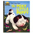 Little Golden Book The Poky Little Puppy cover showing a curious puppy in a grassy field with flowers and a lizard.