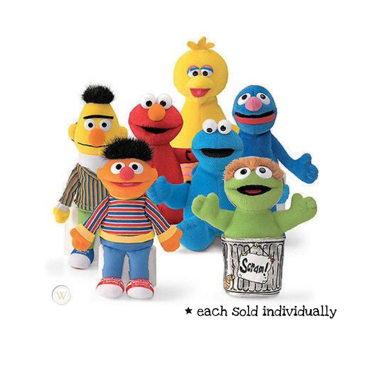 Sesame St Character plush toys featuring 7” beanbag Sesame Street figures sold individually in vibrant colors.