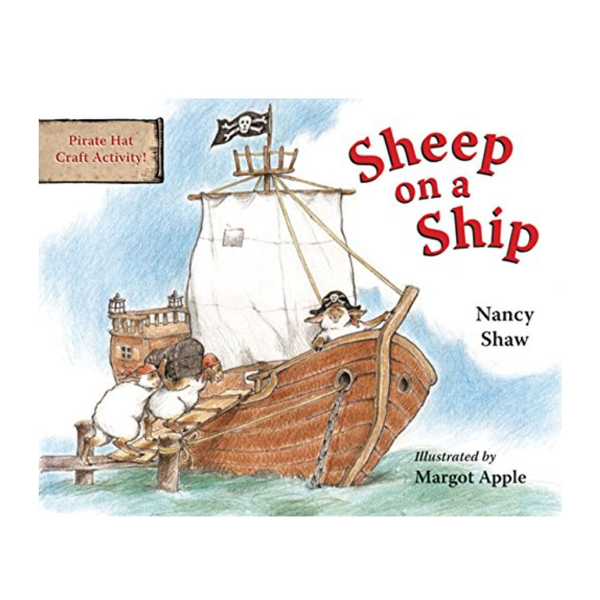 Sheep on a Ship shows playful sheep dressed as pirates on a wooden ship with sails and a pirate flag.
