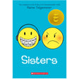 Cover of the book Sisters by Raina Telgemeier featuring two expressive yellow faces on a bright blue background.