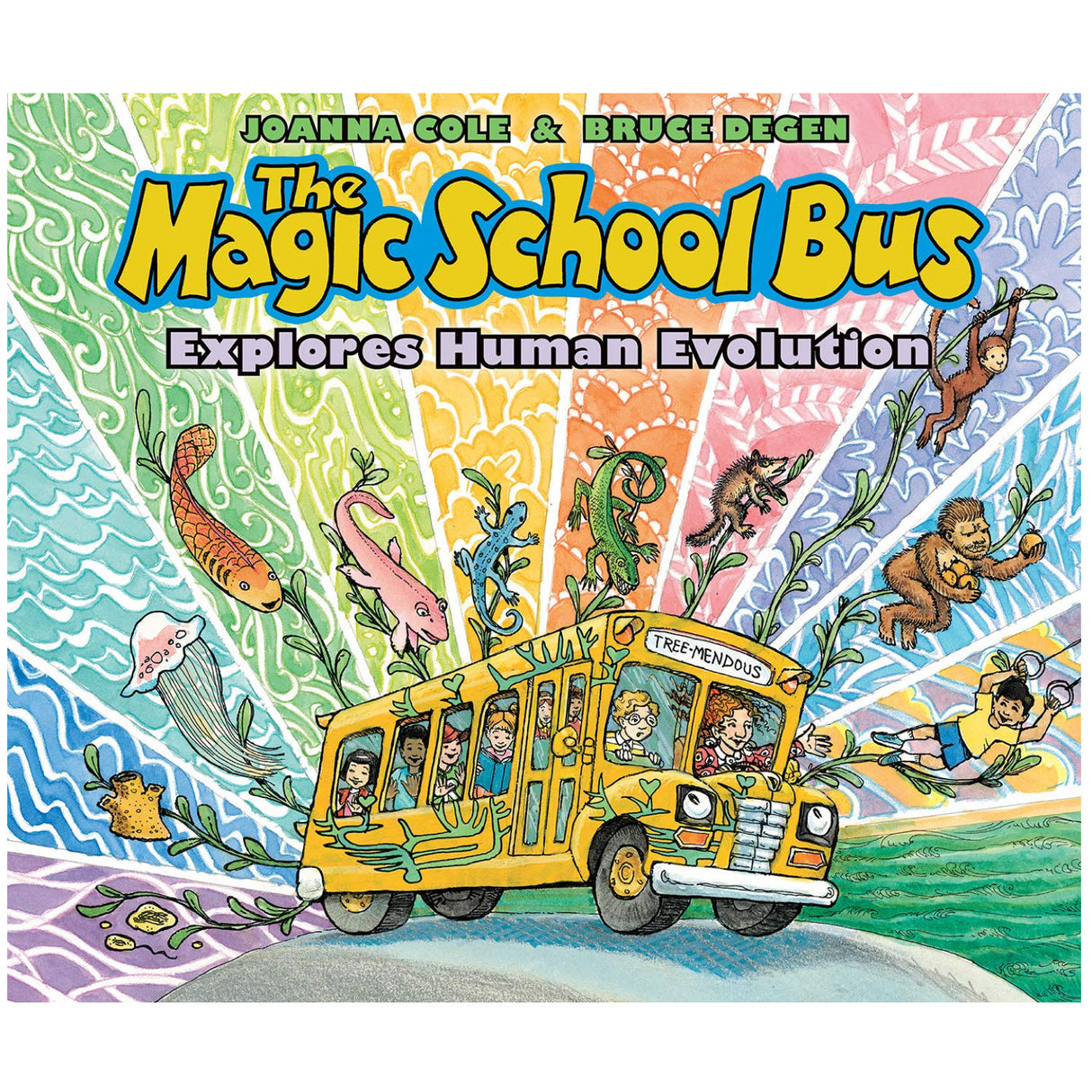 Cover of Magic School Bus Explores Human Evolution showing the bus and characters traveling through prehistoric times with evolving creatures.
