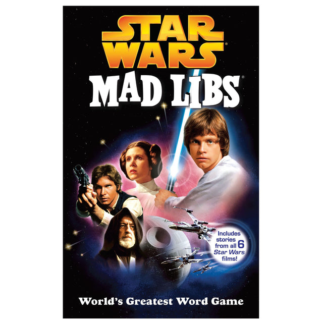 Star Wars Mad Libs book cover featuring main characters and starships from all six original Star Wars films.