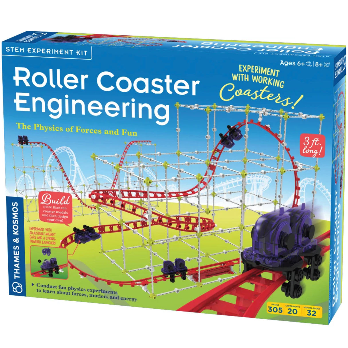 Roller Coaster Engineering STEM kit with modular tracks and physics experiments for ages 6+ and 330 pieces.