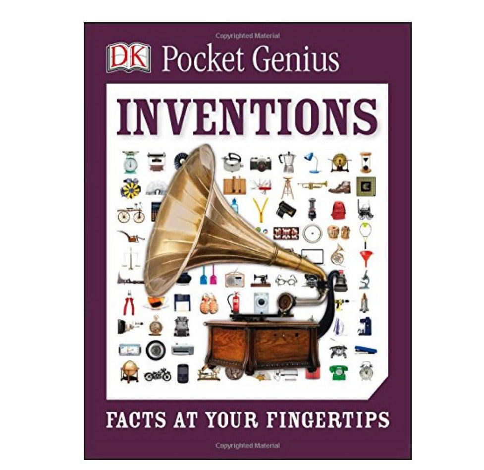 DK Pocket Genius Inventions book cover featuring a vintage gramophone and miniature invention icons.