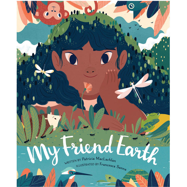 Cover of "My Friend Earth" book showing a friendly Earth figure surrounded by animals, plants, and nature elements.