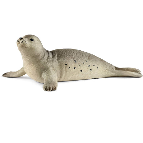 Seal plush toy lying down with realistic gray and white fur and black spots, perfect for children ages 3-8 years.