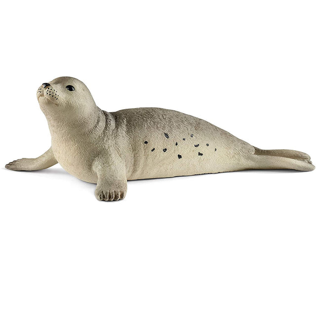 Seal plush toy lying down with realistic gray and white fur and black spots, perfect for children ages 3-8 years.