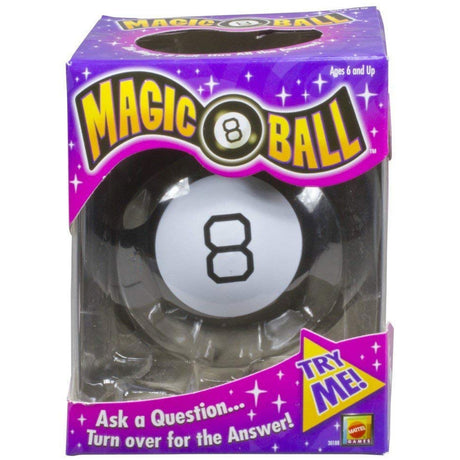 Magic 8 Ball in packaging with instructions to ask a question and reveal a yes or no answer through the window.