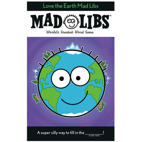 Mad Libs Love the Earth book cover with a smiling Earth cartoon on a purple background for kids ages 8 and up.