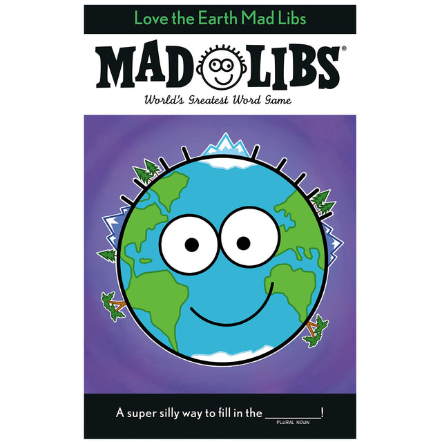 Mad Libs Love the Earth book cover with a smiling Earth cartoon on a purple background for kids ages 8 and up.
