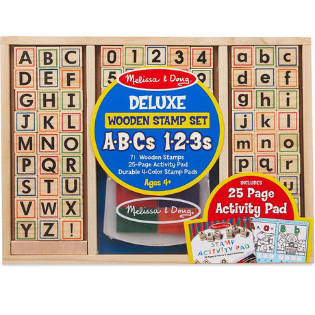 Stamp Kit ABC Activity Set with 71 wooden stamps, 4-color pad, and 25-page activity book for kids ages 4+