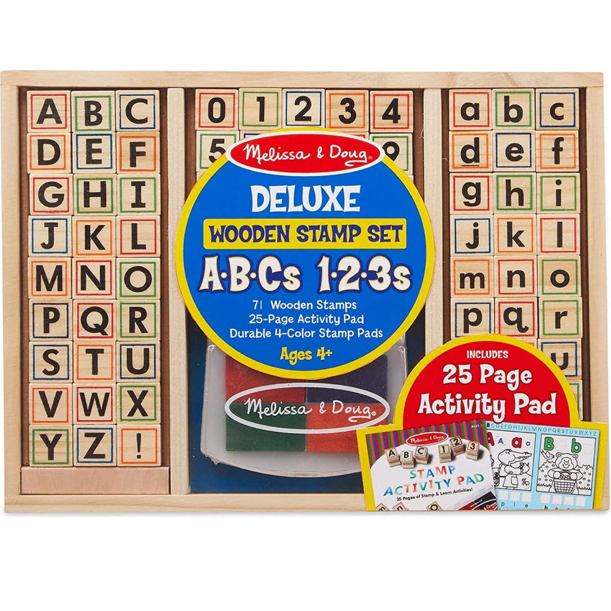 Stamp Kit ABC Activity Set with 71 wooden stamps, 4-color pad, and 25-page activity book for kids ages 4+
