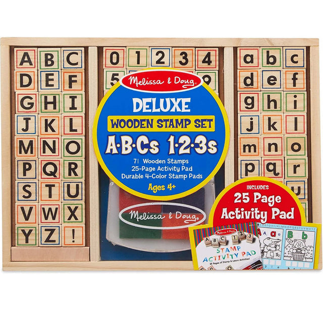 Stamp Kit ABC Activity Set with 71 wooden stamps, 4-color pad, and 25-page activity book for kids ages 4+
