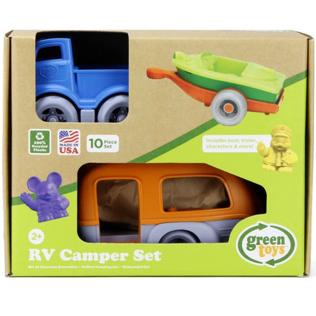 RV Camper Set with blue pick-up truck, orange camper, green sport boat, trailer, and two character figures in packaging.