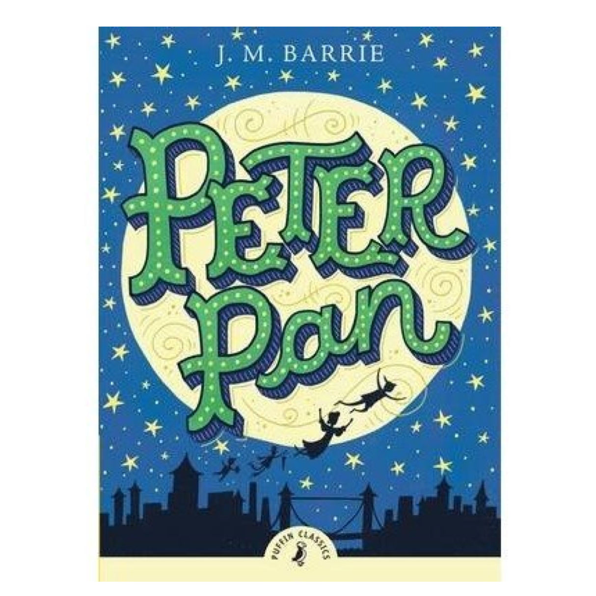 Peter Pan book cover with characters flying over London rooftops against a starry night sky and full moon.