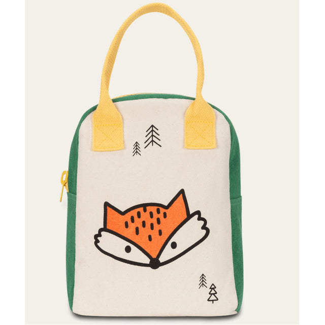 Zipper Lunch Bag | Fox with roomy organic cotton design, food-safe lining, and yellow handles for easy carrying.