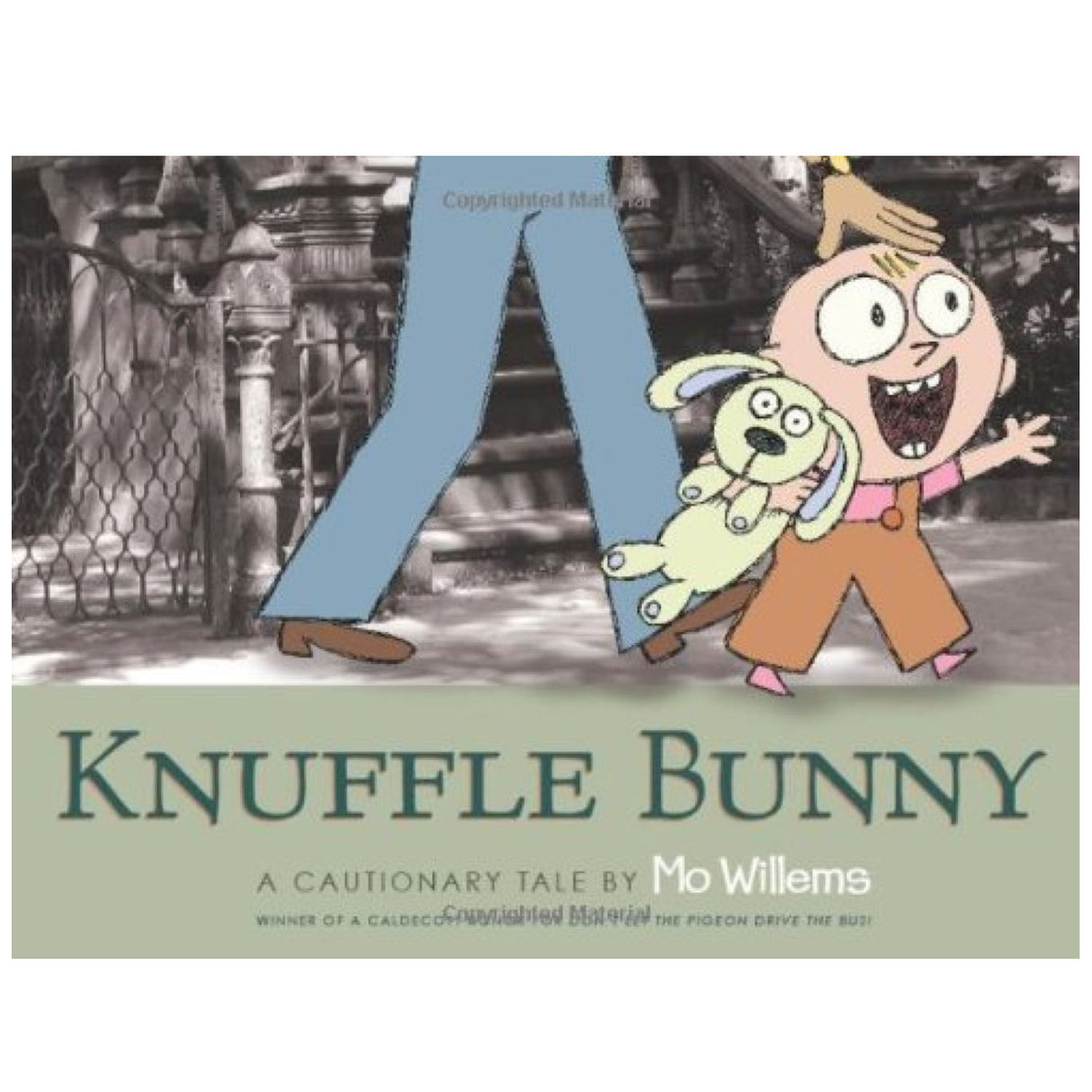 Knuffle Bunny book cover showing Trixie holding her stuffed bunny while walking beside Daddy.
