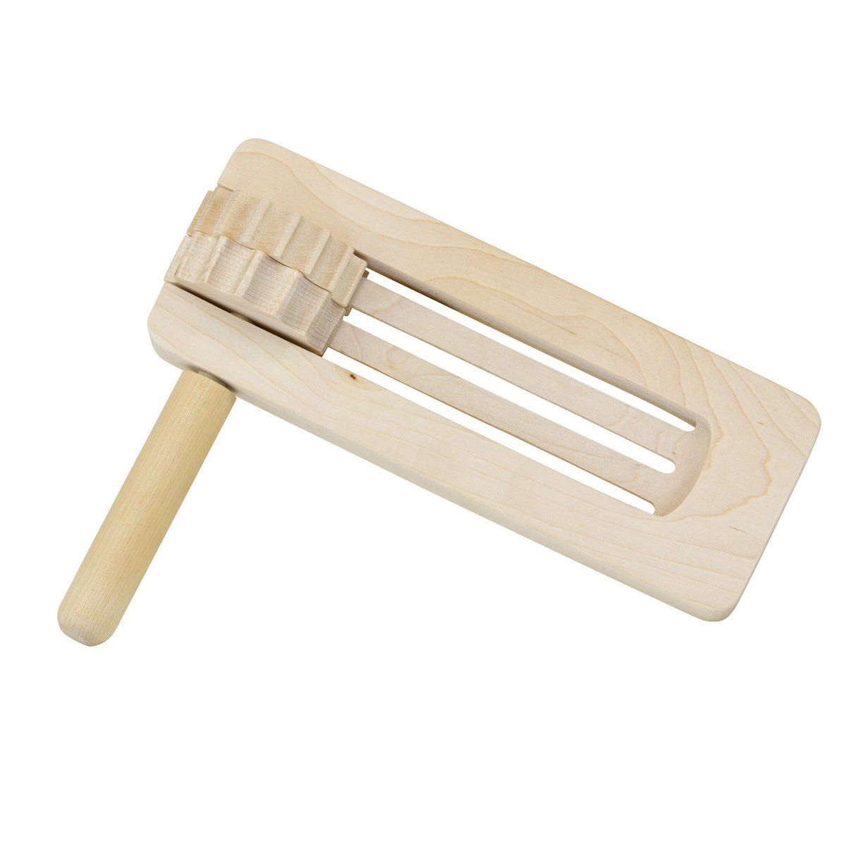 Rackety Ratchet wooden noisemaker with two wheels, maple hardwood, traditional Purim holiday grogger, 8 by 6.5 inches.