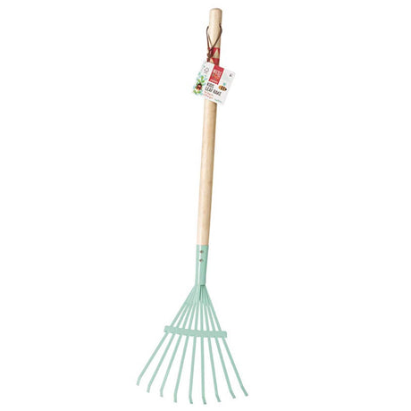 Leaf Rake features light blue tines with a hardwood handle, sized 27 inches for young helpers aged 4 and up.