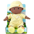 Organic Baby in Yellow plush doll with removable onesie, embroidered face, and soft velcro diaper for creative playtime.