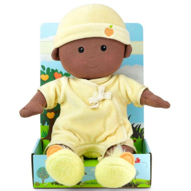 Organic Baby in Yellow plush doll with removable onesie, embroidered face, and soft velcro diaper for creative playtime.