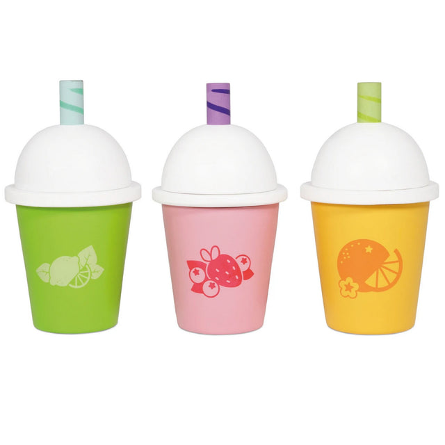 Take Away Smoothie Cups wooden toy set in green, pink, and yellow with striped straws for children's pretend play.