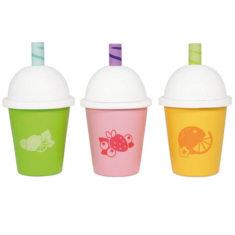 Take Away Smoothie Cups wooden toy set in green, pink, and yellow with striped straws for children's pretend play.